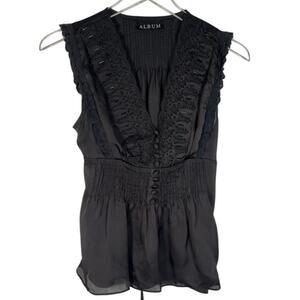 ALBUM Women's Embroidered Beaded Lace Sleeveless Top M Black Tie Stretch